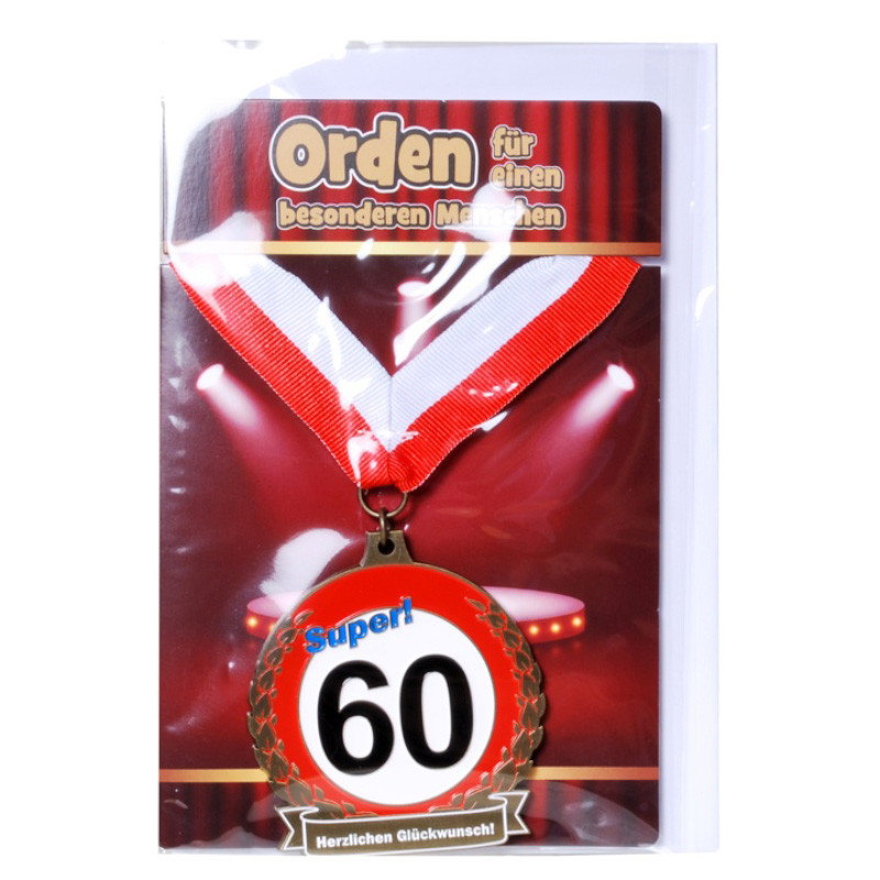 Udo Schmidt Orden 60 auf Karte mit rot weißem Band originelle Geburtstagsmedaille zum 60 Geburtstag